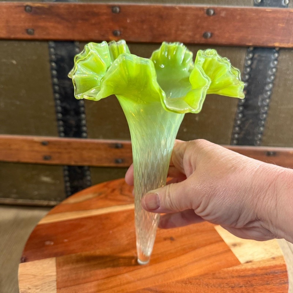 Antique Victorian Epergne Horn Flower Replacement Green Opalescent Glass Vase